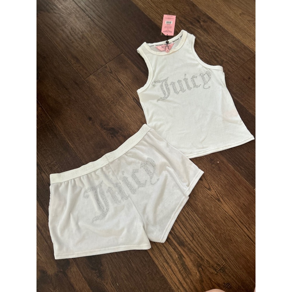 Juicy Couture White Rhinestone Logo Ribbed Tank and Shorts Sleep Set JC4355 S/M